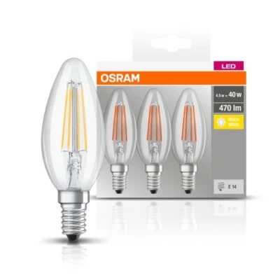 3er-PACK OSRAM BASE Classic E14 LED-Leuchtmittel FILAMENT KLAR 4W=40W warmweisse - Bild 1 von 4