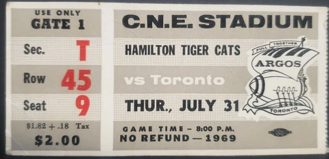 1969 C.N.E. Stadium Hamilton Tiger Cats vs Toronto Argonauts CFL Football Ticket Cover