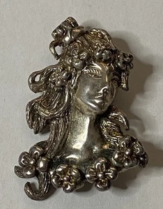 Broche prendedor vintage Art Nouveau estilo Art Deco plata esterlina cara dama - Imagen 1 de 11