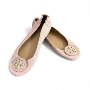 Tory Burch Minnie Travel Ballet Flats – Rose Gold Shimmer Suede – Size 8M - Picture 1 of 8
