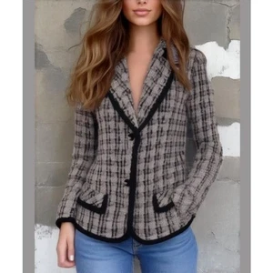 Giancarlo Ferrari Vtg Navy Blue White Plaid Tweed Edged Lined Blazer Jacket 8 - Picture 1 of 16