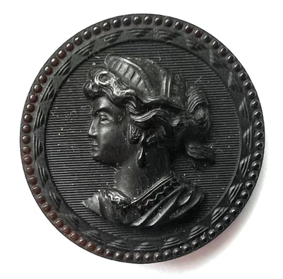 Antique collectible detailed horn button "Woman's Profile"~1"~E6 - Image 1 of 3