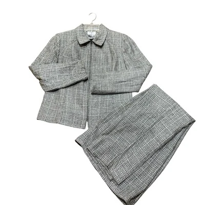 Allison W Conjunto de Traje Mujer 10 Negro Blanco 100% Seda Chaqueta Pantalones Tweed 2 Piezas Foto 1 de 4