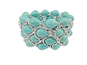 Chunky Popular Beaded Silver Braid Stretch Turquoise Stone Natural Bead Bracelet - Picture 1 of 2
