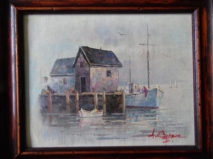 Boats Moored by Raised Dock House . Alan Simpson Original Vintage Oil - Picture 1 of 4