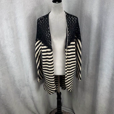 Umgee Womens Cardigan Sz Large Black Off White Striped Lace Lightweight Sweater - Image 1 of 4