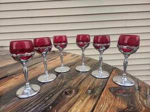 6 Farber Bros MCM Chrome Stemmed 3oz Glasses Beautiful Red Glass - Picture 1 of 9