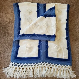 Vintage 1968 Hand Crochet Afghan Blanket Blue Beige w/ Tassels 54x66 Inch - Picture 1 of 7