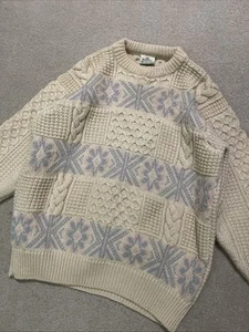 VINTAGE Fisherman Sweater Mens Large Beige Irish Oarsman British Wool Heavy - Picture 1 of 8