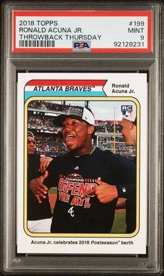 Ronald Acuna Jr. 2018 Topps Throwback Thursday RC #199 SP PSA Mint 9! Braves - Image 1 of 2
