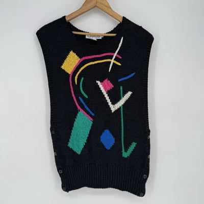 Vintage Boxy Sweater Vest Women’s Medium Black Geometric Funky Deco Abstract - Image 1 of 4