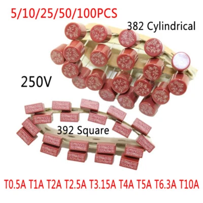 250V Red Power Fuse Tube T0.5A T1A T2A T2.5A to T10A 392 Square 382 Cylindrical