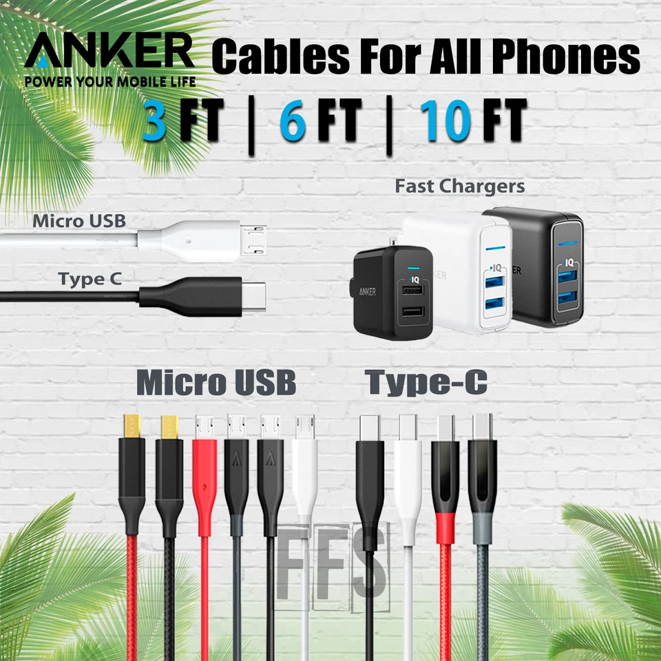 Lote de cables Anker Micro USB O USBC TIPO C 3/6/10 pies teléfonos Android todos los dispositivos Foto 1 de 1