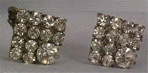 Vintage Rhinestone Earrings Silver Square Clip On Retro Sparkling - Picture 1 of 3