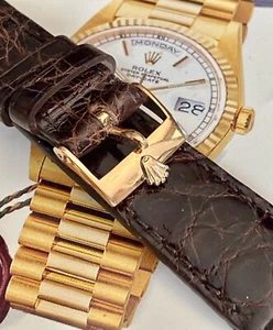 Rolex 18k Solid ROSE GOLD Logo Buckle 19mm Tobacco Genuine Crocodile strap - Picture 1 of 8
