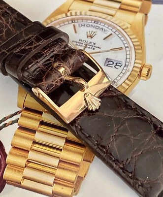 Rolex 18k Solid ROSE GOLD Logo Buckle 19mm Tobacco Genuine Crocodile strap - Image 1 of 4