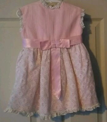 Винтажный DORRISA Maine девочка розовый плиссированные платье 4T кружева бант одежды молнии кнопка LNC - Изображение 1 из 3