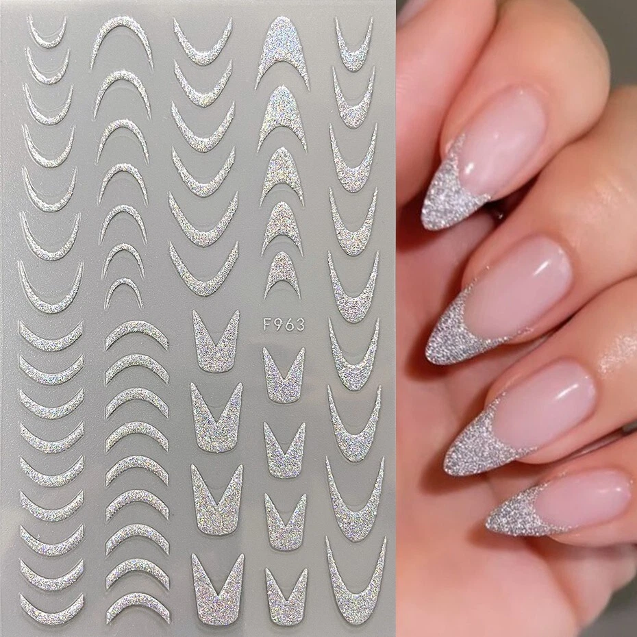 Nail Art Stickers Decals Silver Lace Abstract Lines French Line Manicure Mani 63