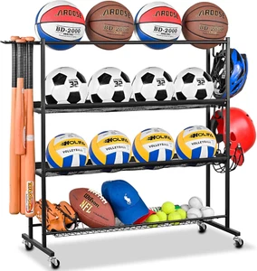 Basketball Rack, Ball Storage with Baseball Bat Holder, Rolling Ball Rack with R - Picture 1 of 12