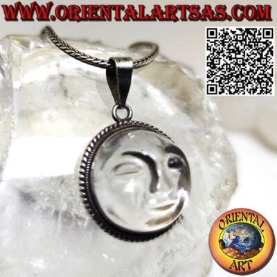 Ciondolo in argento 925‰  con sole incavato su cristallo di rocca tondo e bordo - Immagine 1 di 4