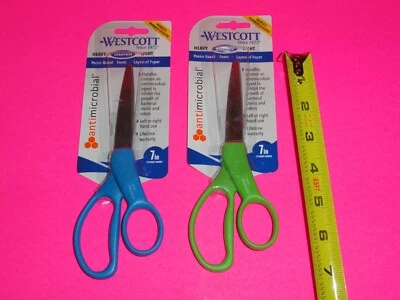 (2x) BLUE + GREEN Westcott 7" Straight Handle Scissors Antimicrobial Left Right - Image 1 of 4