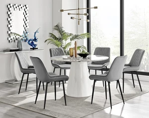 PALMA White Marble Effect Round Pedestal Dining Table & 6 Velvet Dining Chairs
