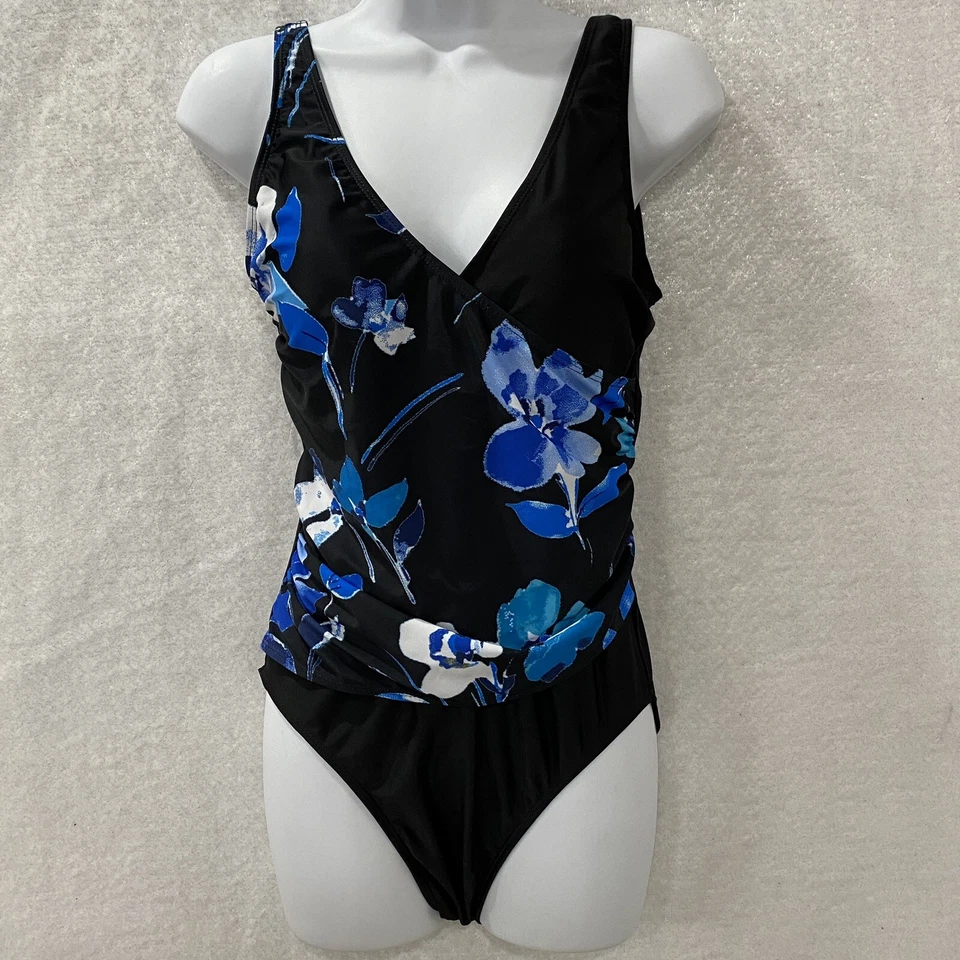 Kensie Traje de Baño Para Mujer M Negro Azul Floral Una Pieza Espalda Abierta Sujetador Acolchado NUEVO Foto 1 de 4