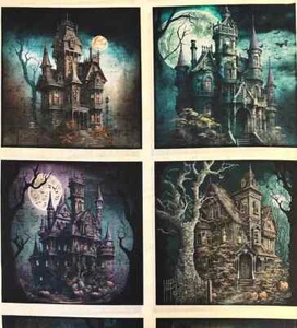 CREEPSVILLE HAUNTED HOUSES MANSIONS BLOCKS BY QT HALLOWEEN FABRIC PANEL 36"X44" - Picture 1 of 4