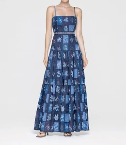 Agua Bendita Lima Algae Maxi Dress Gown Floral Print Blue Grid Check Linen S - Picture 1 of 16