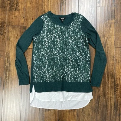 Simply Vera Vera Wang Women Sweater Small Green Floral Crochet Lace Long Sleeve - Image 1 of 4