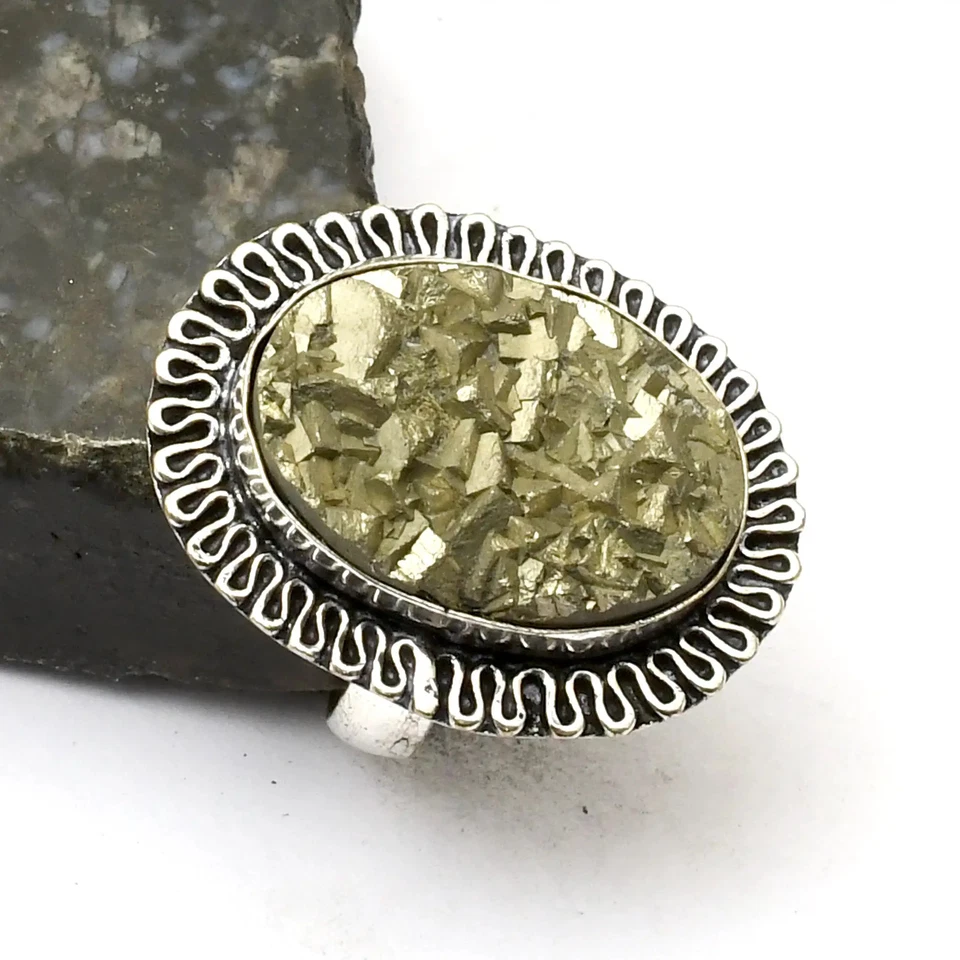 Anillo Apache Pirita Druzy Piedras Preciosas Étnico Hecho a Mano Joyería EE. UU. Talla-7.25 AR 41732 - Imagen 1 de 1