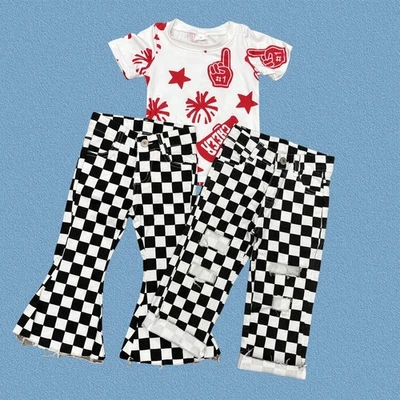 Conjunto de pantalones de mezclilla a cuadros con top rojo alegre para niñas pequeñas y niños Foto 1 de 4