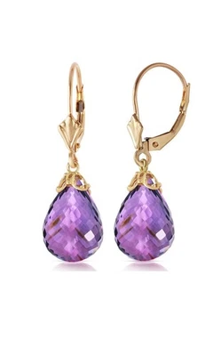 14 Carat 14K Solid Gold Leverback Dangle Earrings Briolette Amethyst Gemstone - Image 1 of 4