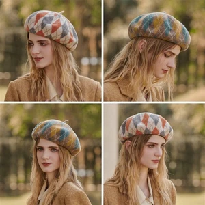Women's Plaid Wool French Beret Hat Casual Beanie Cap Winter Warm Painter Hat - Bild 1 von 17
