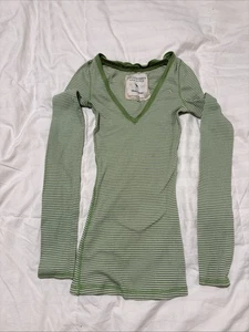 Abercrombie & Fitch donna Y2K vintage scollo a V Henley verde/bianco righe orizzontali sm - Foto 1 di 10