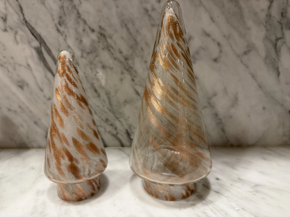Hand Blown Art Glass Christmas Trees Set of 2 Swirled Copper White Glitter Trees - Image 1 of 4
