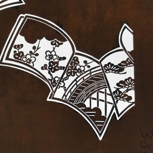 Antique Japanese Katagami Paper Kimono Stencil Katazome Plum Flowers Bridge C963 - Picture 1 of 6