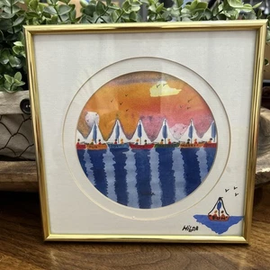Hilda Kaihlanen acuarela alegres veleros pintura mate enmarcado 8”x8” - Imagen 1 de 8