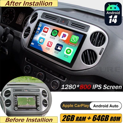 9" 64G Android 14 Autoradio Carplay WiFi RDS GPS Navi für VW Tiguan 5N 2007-2016 - Bild 1 von 4