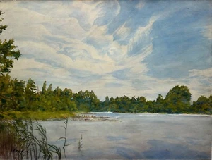 Aquarell Impressionist Windwolken überm See Birkenwerder Hans Bremer 49 x 65 cm - Bild 1 von 9
