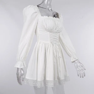 Women Mini Gothic Dress Long Sleeve Lolita Ruffle Punk Lace Up Square Neck - Picture 1 of 14