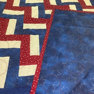 True Handmade Southern  Quilt Fence rail PATTERN Red Blue White 56x 64 Patriotic - Image 1 of 4