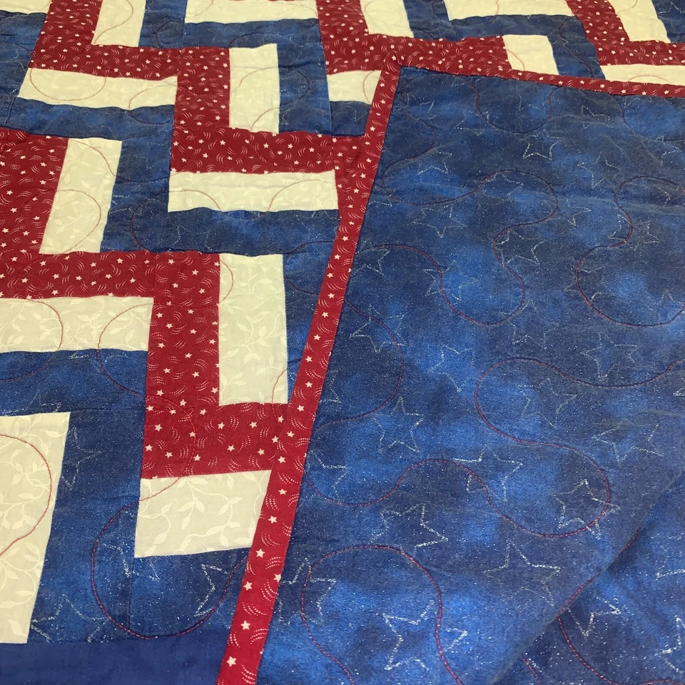 True Handmade Southern  Quilt Fence rail PATTERN Red Blue White 56x 64 Patriotic - Image 1 of 4