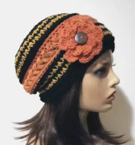 crochet womans handmade flower hat beanie rusty groot mustard puffs USA seller - Picture 1 of 3