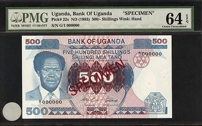 Uganda 500 chelines 1983 ESPECIMEN PMG 64 EPQ Pick #22s Foto 1 de 2