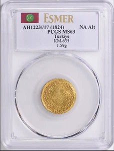Turkey AH 1223 /17 (1824) Gold New Aldi Altin KM-635 PCGS MS-63 Esmer Collection - Picture 1 of 2