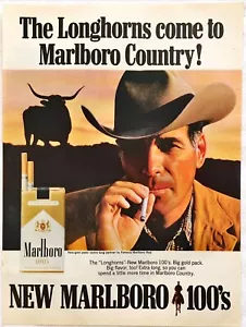 Anuncio impreso vintage años 60 Marlboro Man Longhorns nuevo vaquero clásico occidental años 100 - Imagen 1 de 1