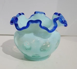 Vintage Fenton Opaline Coin Dot Rose Bowl with Cobalt Blue Ruffle Edge - Picture 1 of 7