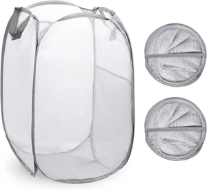 2Pcs Gray Mesh Pop up Laundry Hampers Foldable Lightweight Laundry Baskets with - Picture 1 of 12