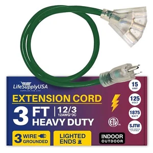 3ft Power Outdoor Extension Cord & Indoor - Waterproof Electric Drop Cord Cable - Picture 1 of 7